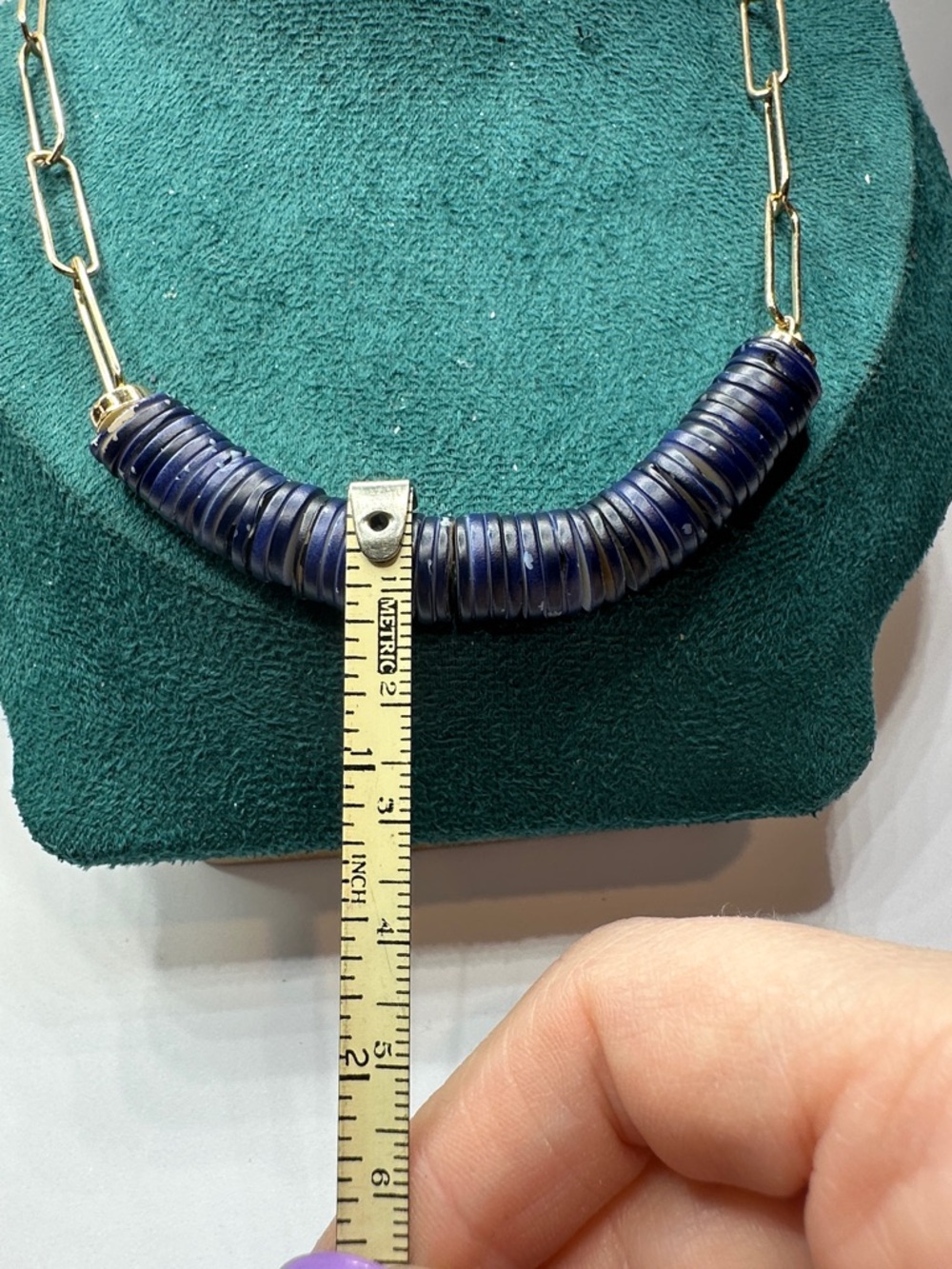 Gold Paperclip Chain Necklace with Navy Shell Disc Beads - Picture 3 of 6